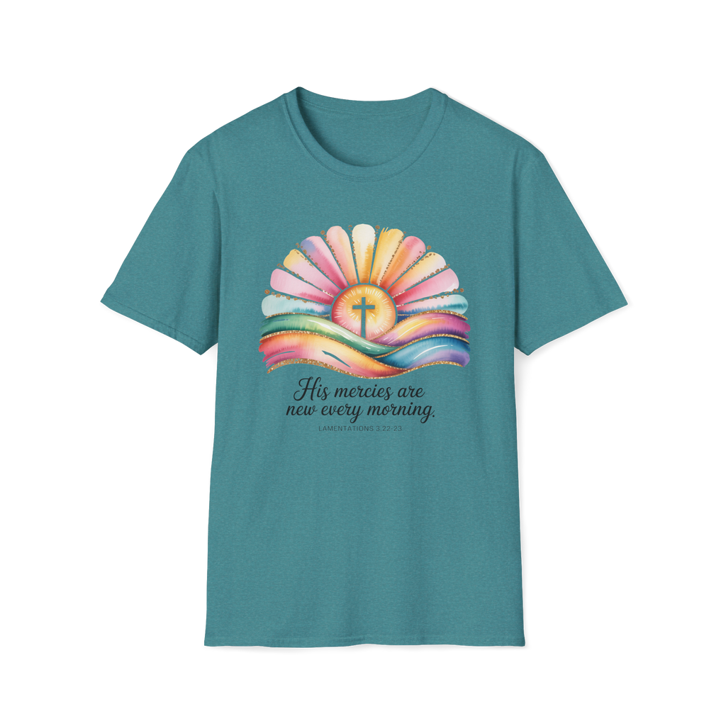 His Mercies Are New Every Morning Shirt | Lamentations 3:22-23 | Sunrise Cross Christian T-Shirt | Faith-Based Gift for Her