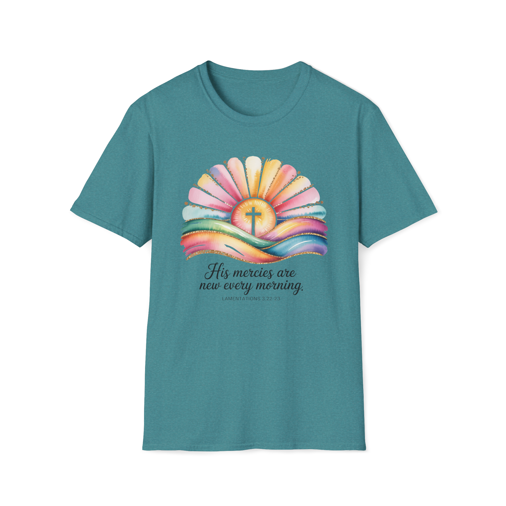 His Mercies Are New Every Morning Shirt | Lamentations 3:22-23 | Sunrise Cross Christian T-Shirt | Faith-Based Gift for Her