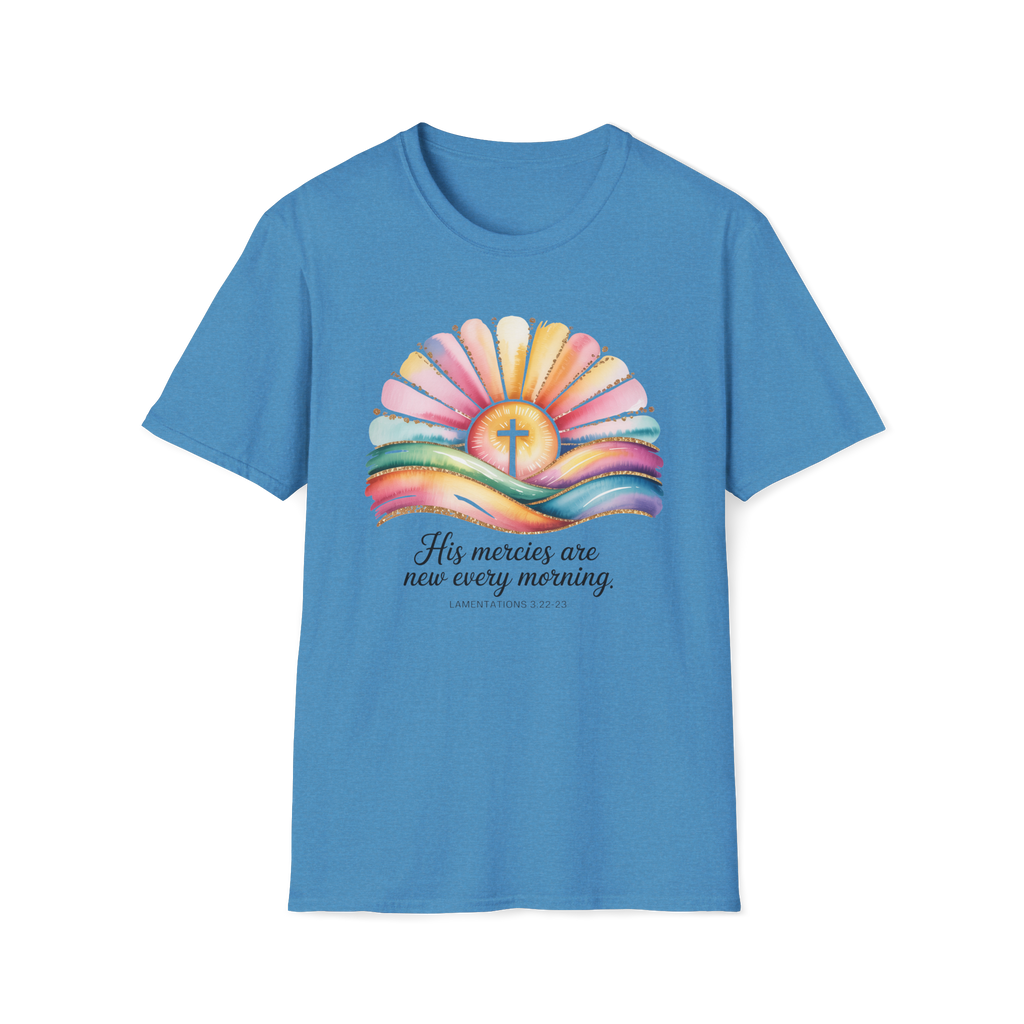 His Mercies Are New Every Morning Shirt | Lamentations 3:22-23 | Sunrise Cross Christian T-Shirt | Faith-Based Gift for Her