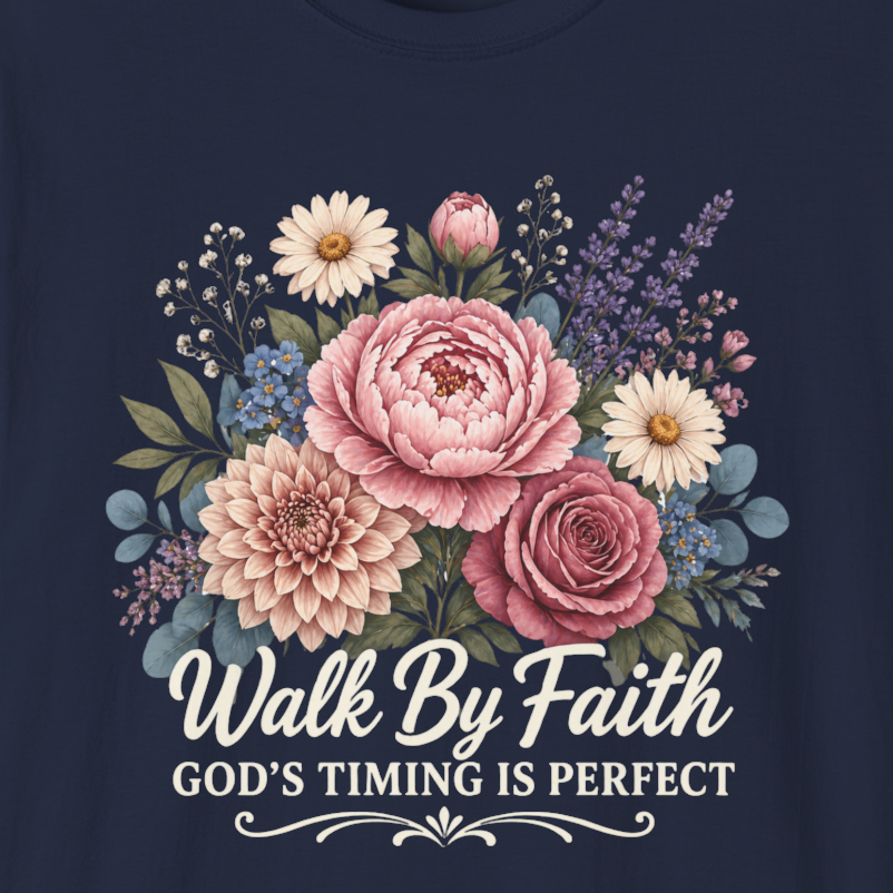 Walk By Faith God's Timing Is Perfect – Floral Bouquet Christian Tee for Women
