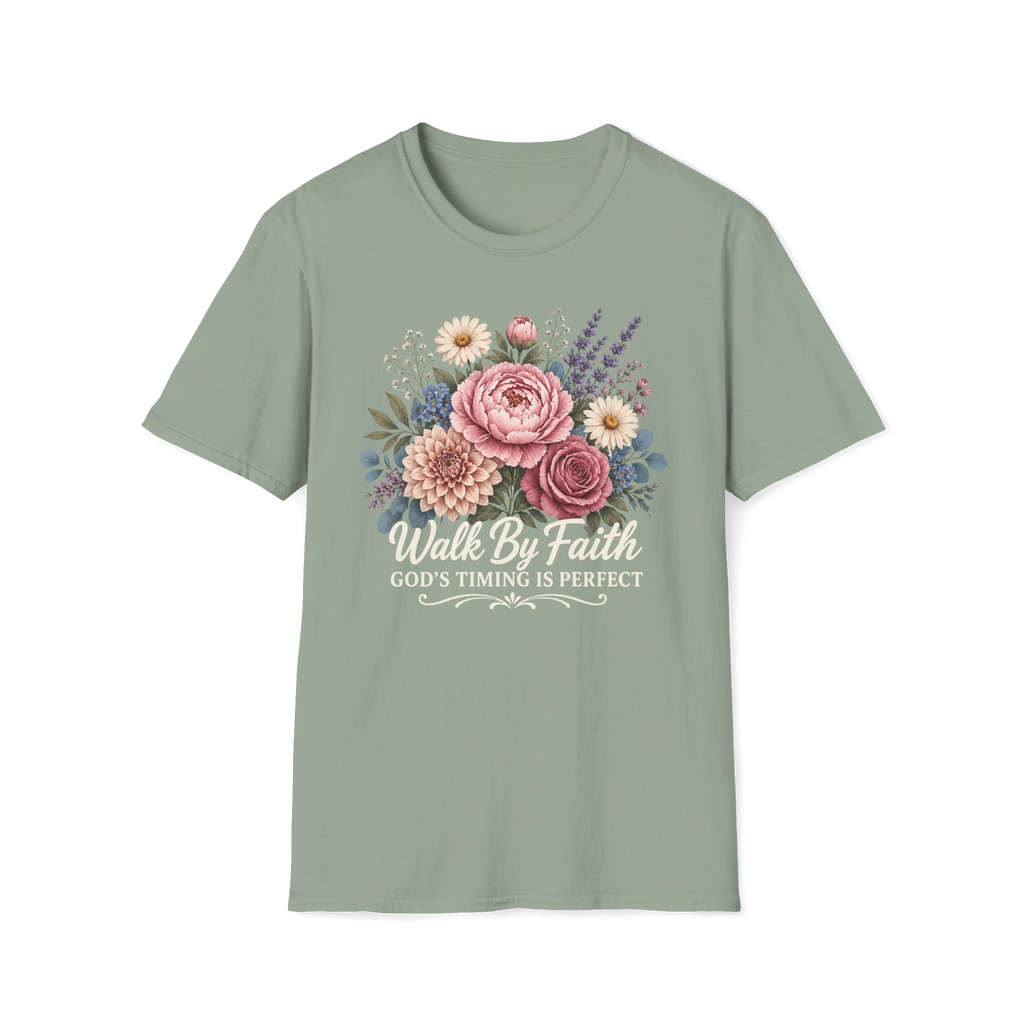Walk By Faith God's Timing Is Perfect – Floral Bouquet Christian Tee for Women
