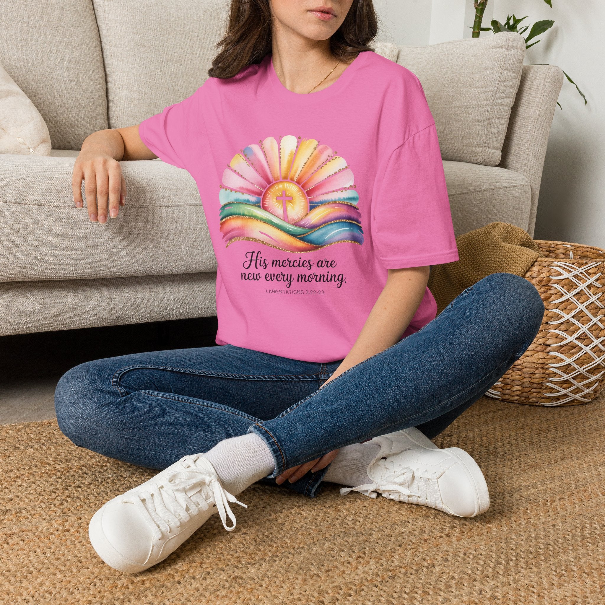 His Mercies Are New Every Morning Shirt | Lamentations 3:22-23 | Sunrise Cross Christian T-Shirt | Faith-Based Gift for Her