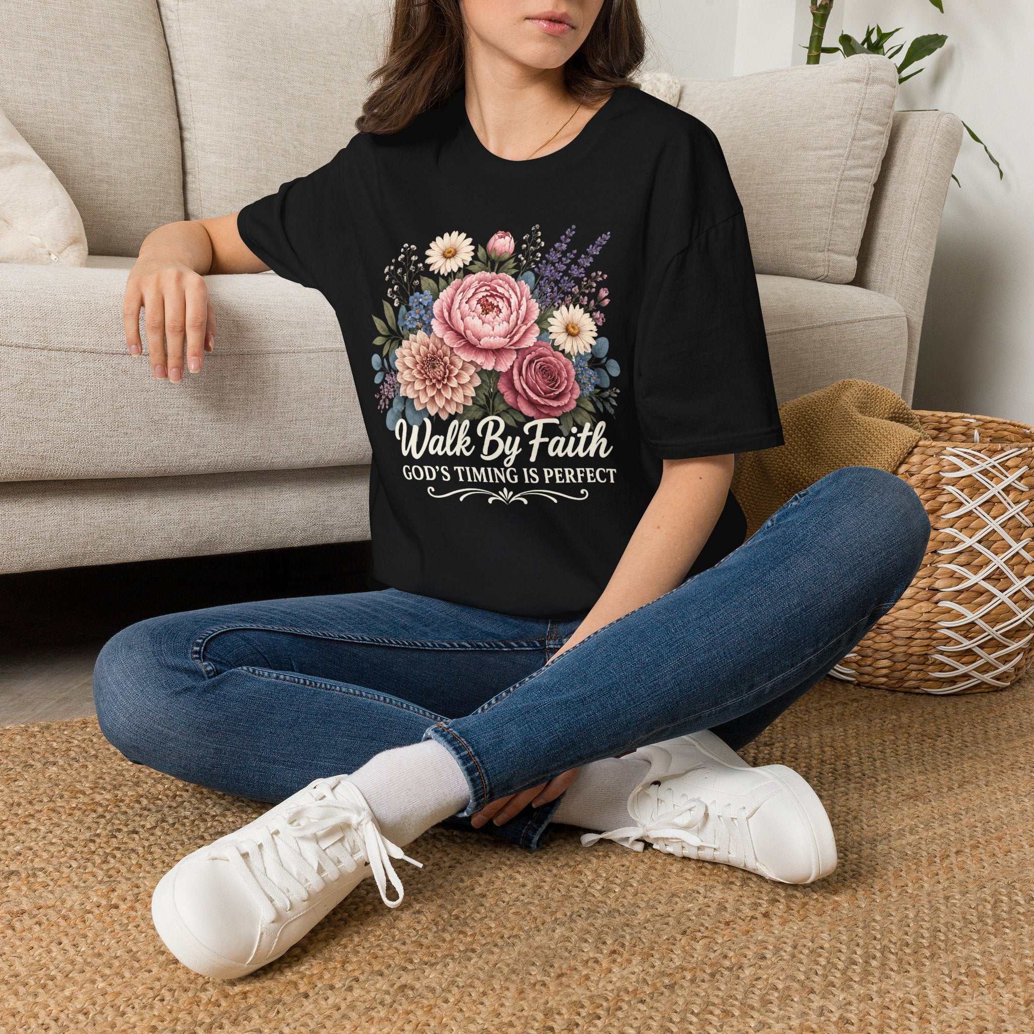 Walk By Faith God's Timing Is Perfect – Floral Bouquet Christian Tee for Women