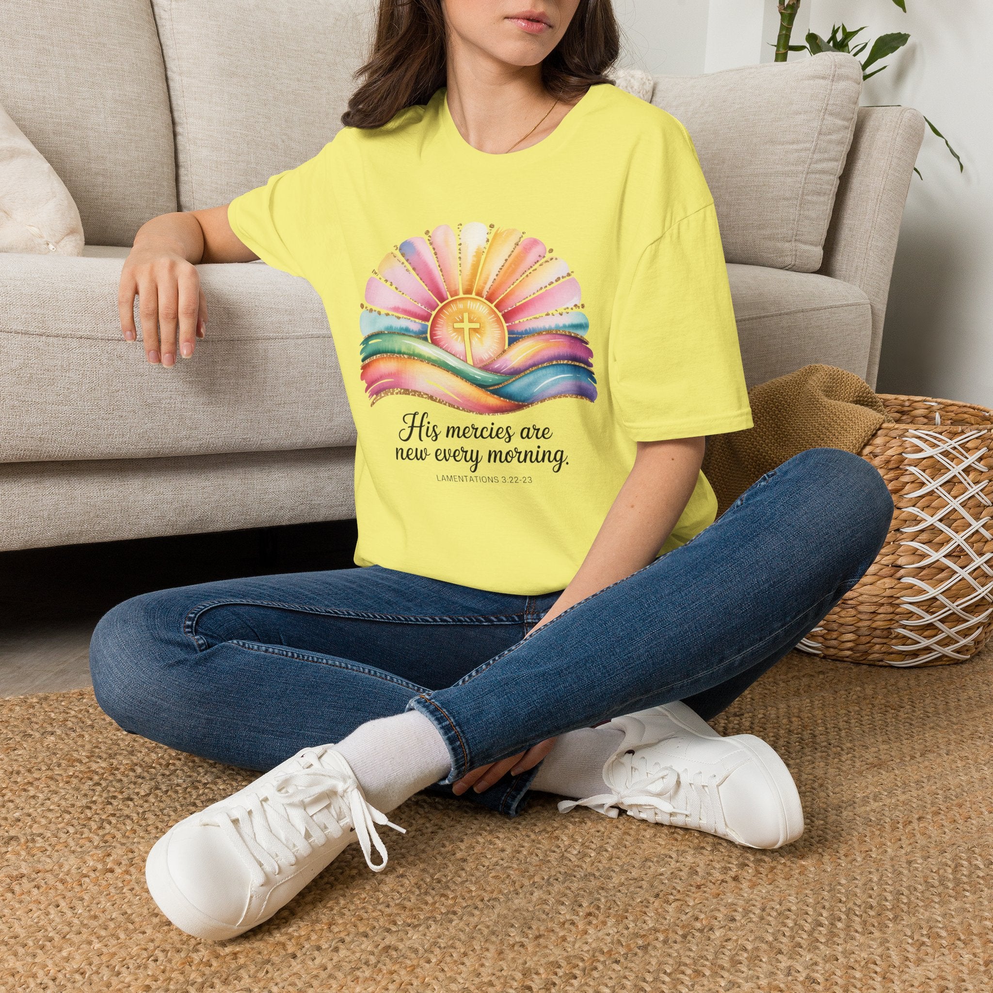His Mercies Are New Every Morning Shirt | Lamentations 3:22-23 | Sunrise Cross Christian T-Shirt | Faith-Based Gift for Her