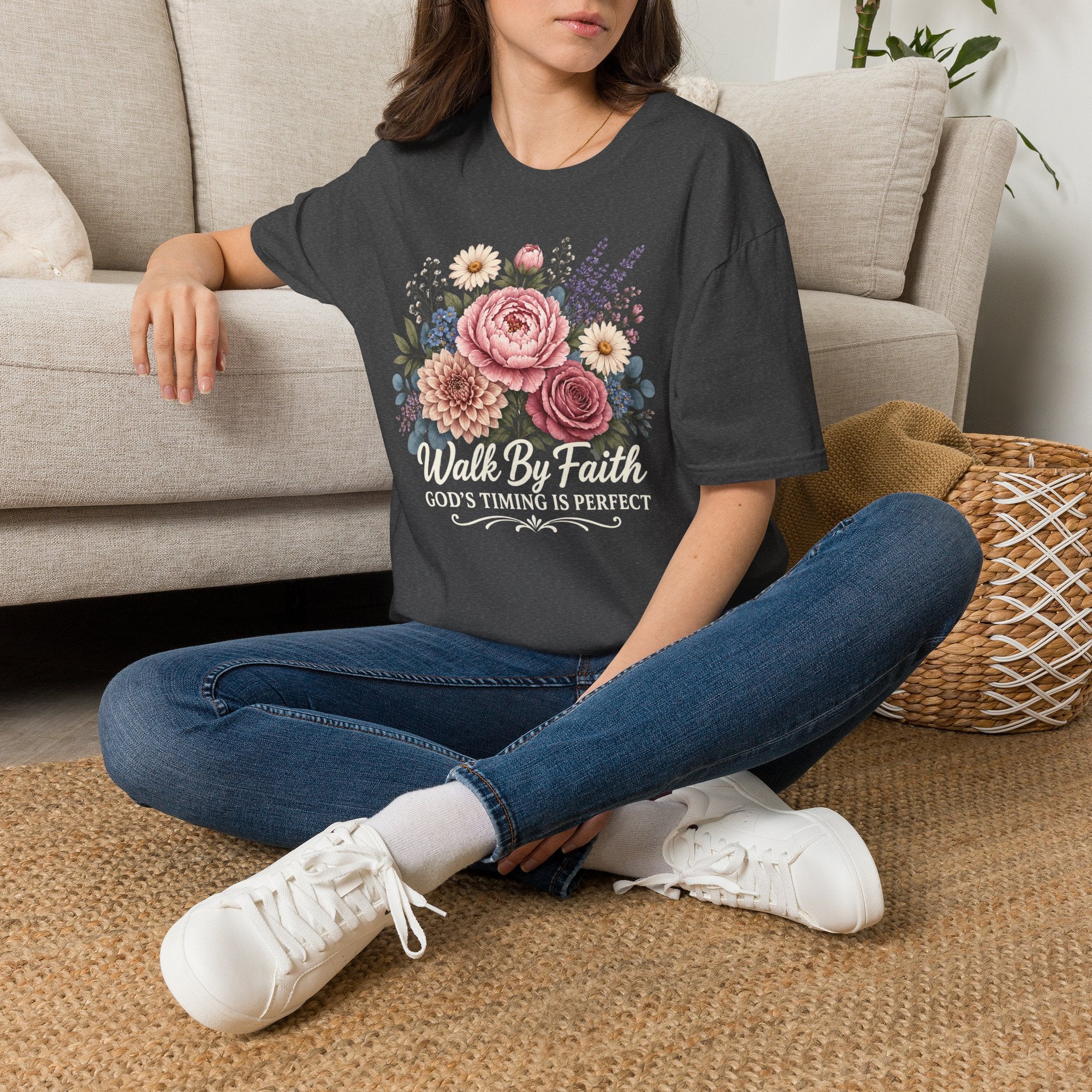 Walk By Faith God's Timing Is Perfect – Floral Bouquet Christian Tee for Women