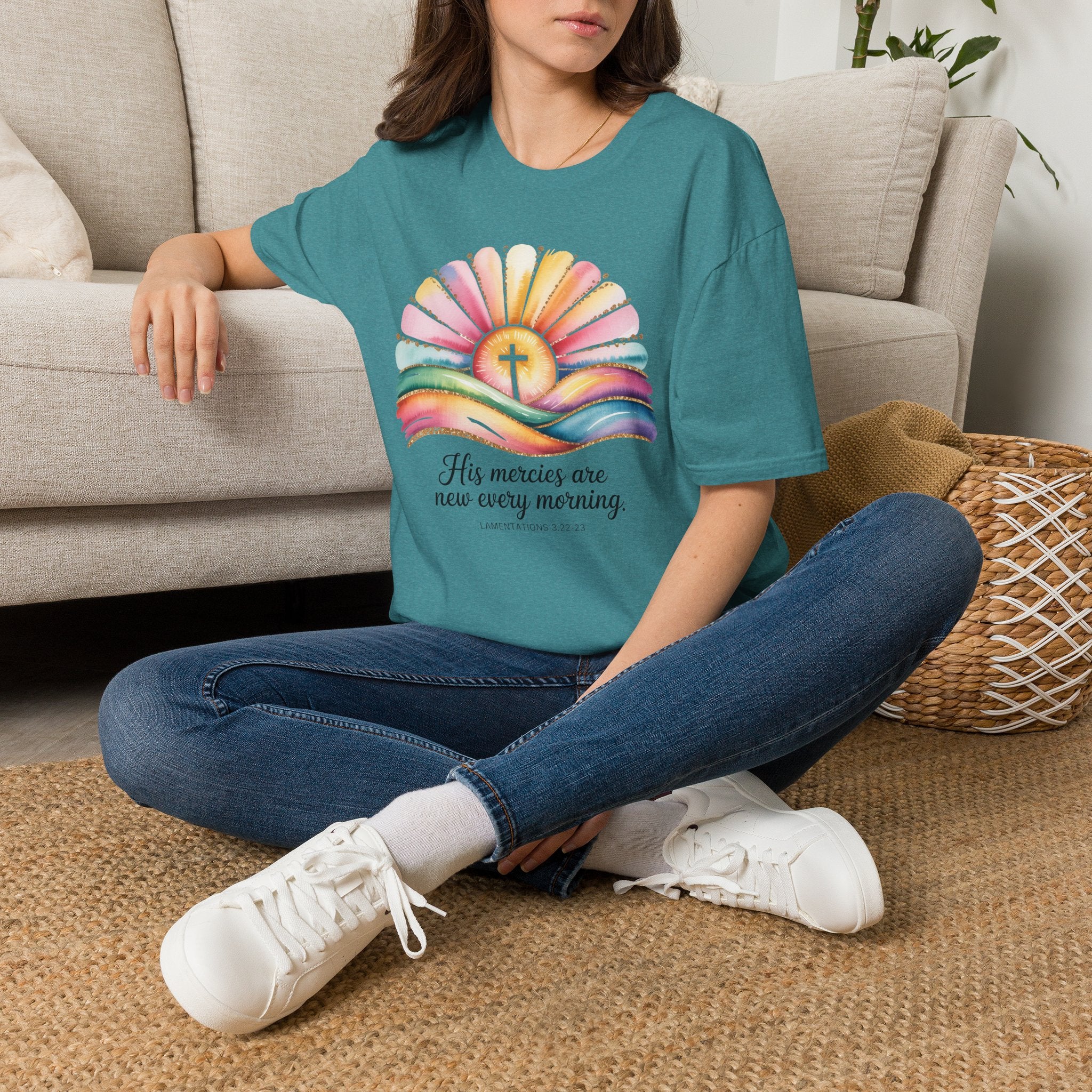 His Mercies Are New Every Morning Shirt | Lamentations 3:22-23 | Sunrise Cross Christian T-Shirt | Faith-Based Gift for Her