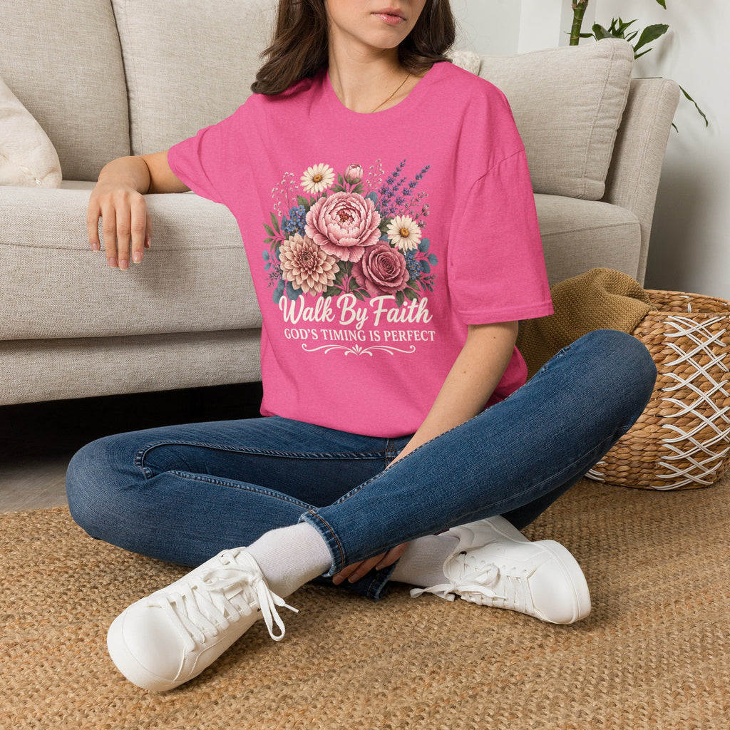 Walk By Faith God's Timing Is Perfect – Floral Bouquet Christian Tee for Women