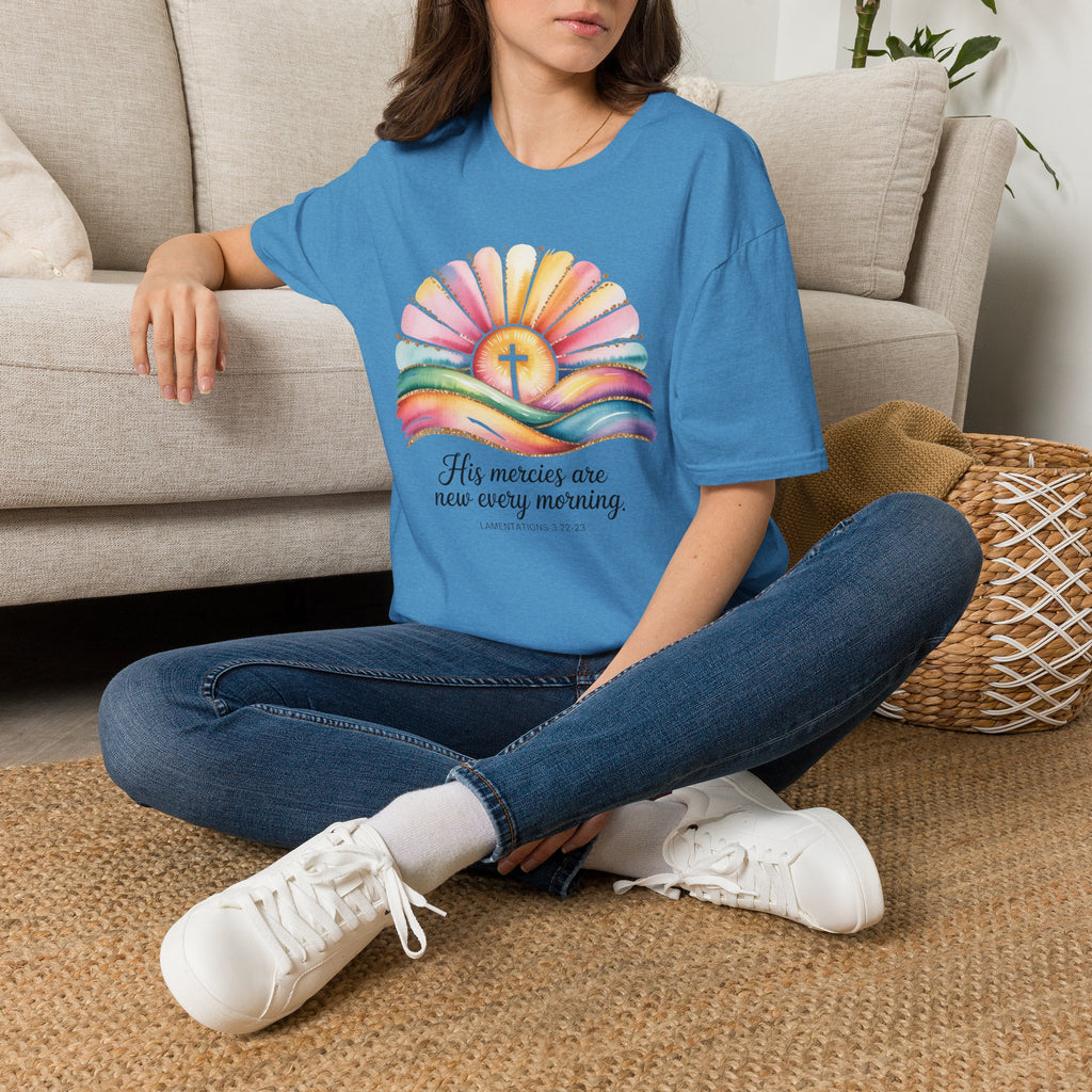 His Mercies Are New Every Morning Shirt | Lamentations 3:22-23 | Sunrise Cross Christian T-Shirt | Faith-Based Gift for Her