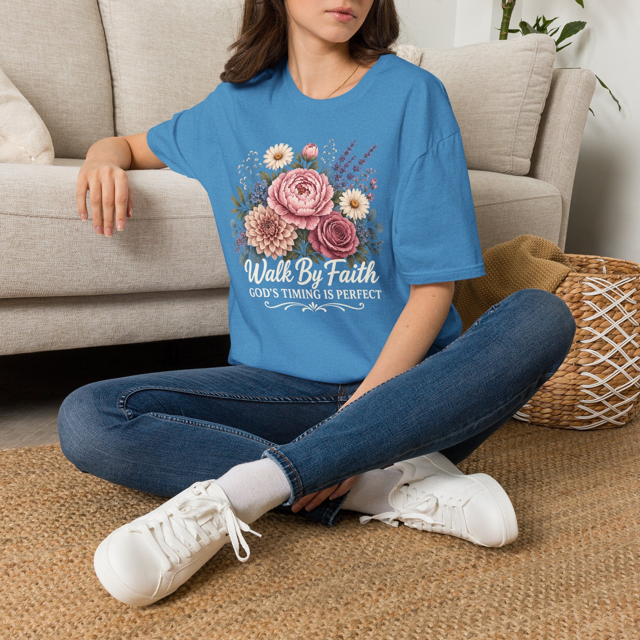 Walk By Faith God's Timing Is Perfect – Floral Bouquet Christian Tee for Women