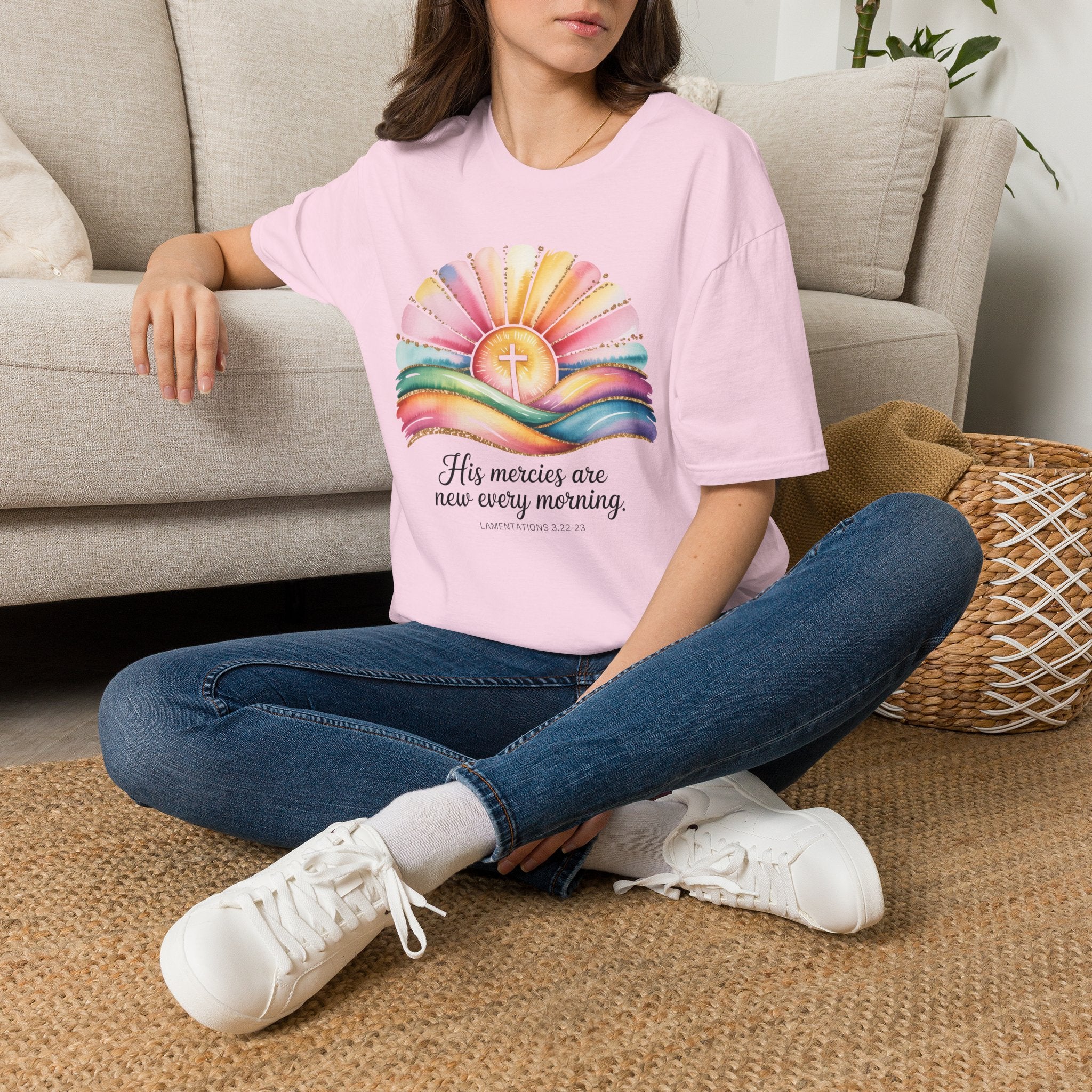 His Mercies Are New Every Morning Shirt | Lamentations 3:22-23 | Sunrise Cross Christian T-Shirt | Faith-Based Gift for Her