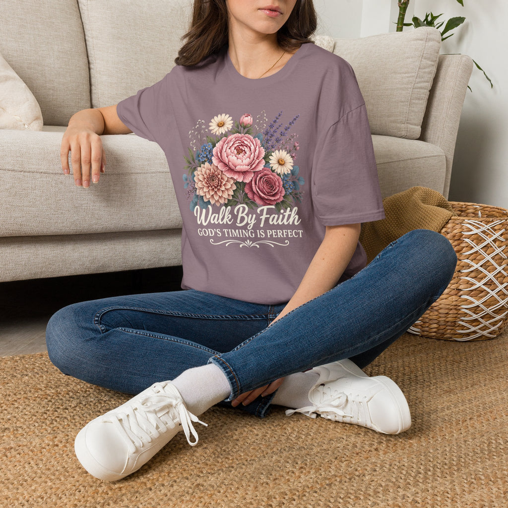 Walk By Faith God's Timing Is Perfect – Floral Bouquet Christian Tee for Women