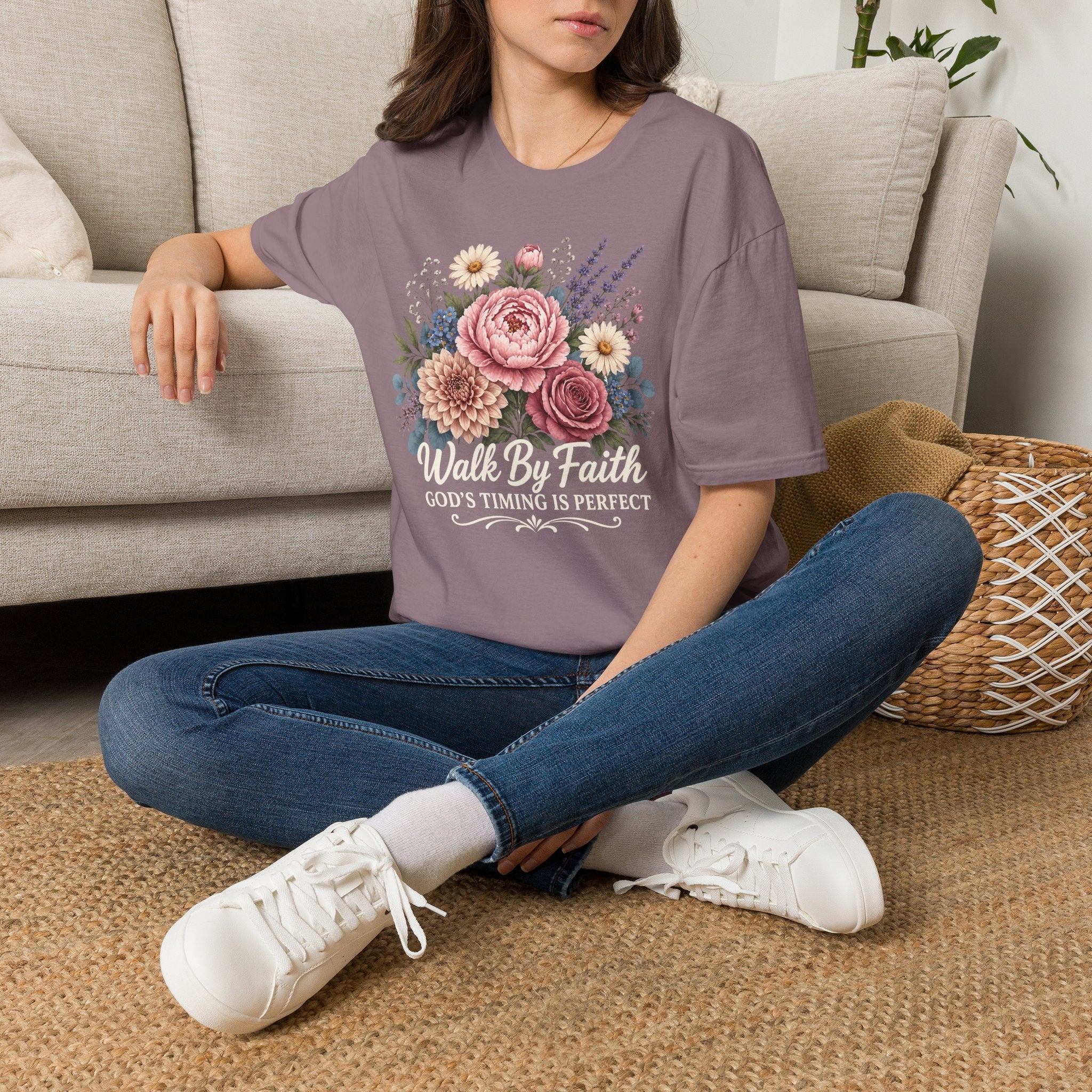 Walk By Faith God's Timing Is Perfect – Floral Bouquet Christian Tee for Women