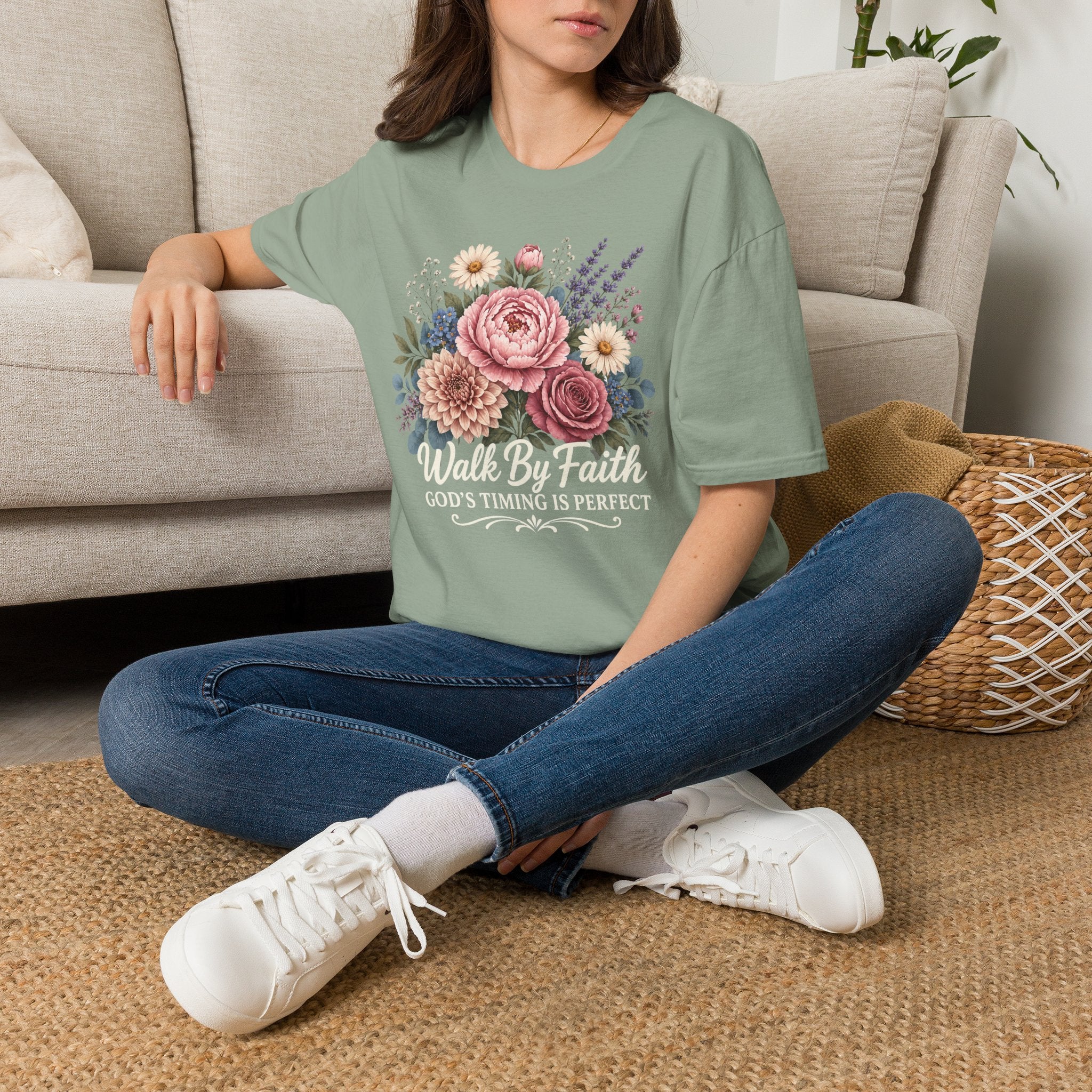 Walk By Faith God's Timing Is Perfect – Floral Bouquet Christian Tee for Women