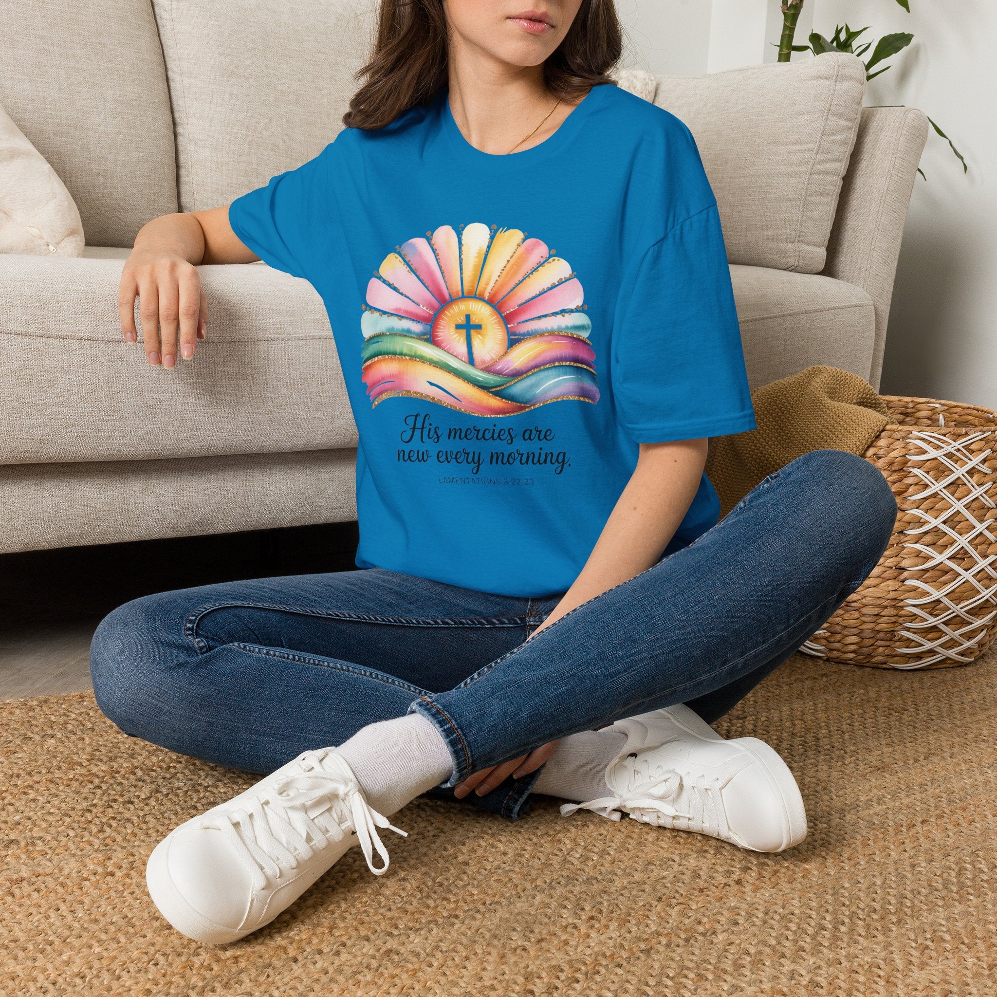 His Mercies Are New Every Morning Shirt | Lamentations 3:22-23 | Sunrise Cross Christian T-Shirt | Faith-Based Gift for Her