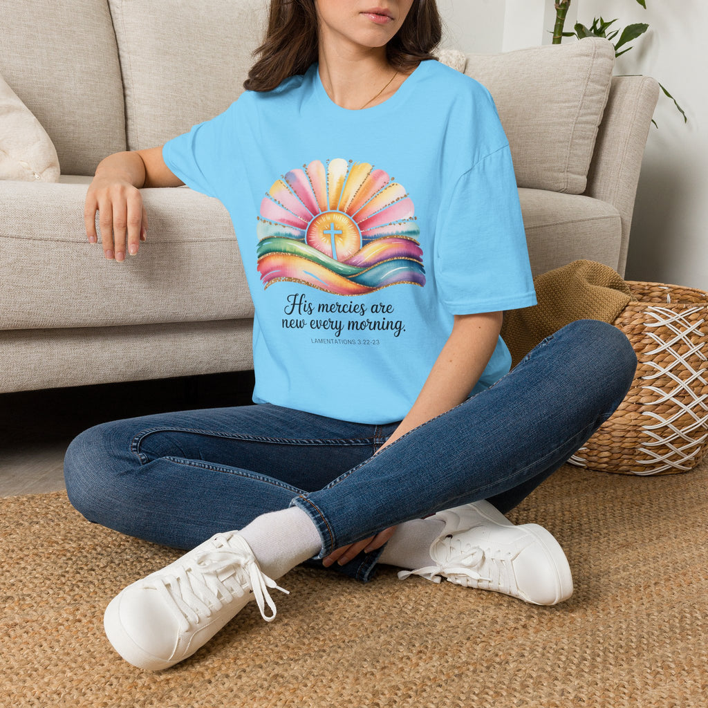 His Mercies Are New Every Morning Shirt | Lamentations 3:22-23 | Sunrise Cross Christian T-Shirt | Faith-Based Gift for Her
