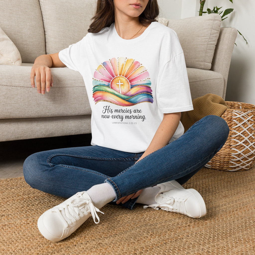 His Mercies Are New Every Morning Shirt | Lamentations 3:22-23 | Sunrise Cross Christian T-Shirt | Faith-Based Gift for Her